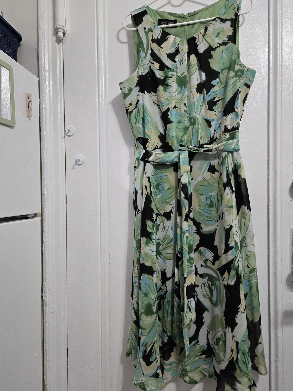 Evan Picone Black Floral Belted Midi Dress with Green and Cream Blooms